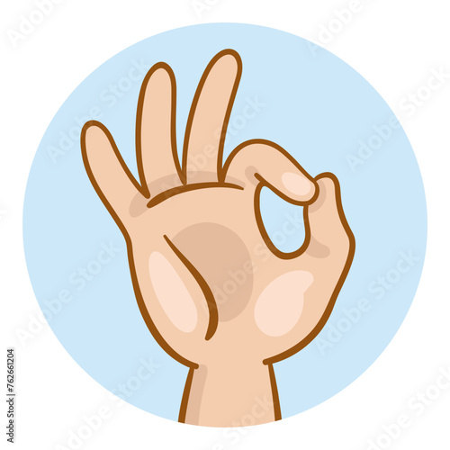 Avatar icon of a child's hand showing gesture okay. In a blue circle. Isolated on white background. Vector illustration.