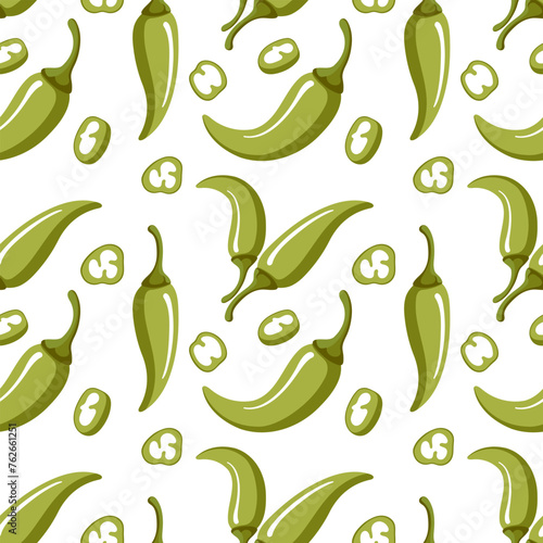 Spicy green chili pepper on a white background with a seamless pattern. Vector illustration. Perfect for wrapping paper, scrapbooking, fabric, and backgrounds.