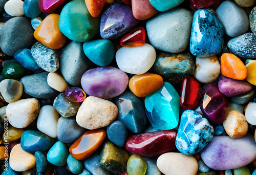 Trendy colorful small sea stone pebble background, colorful gemstones crystal pebbles on beach, multicolored abstract beach nature pattern