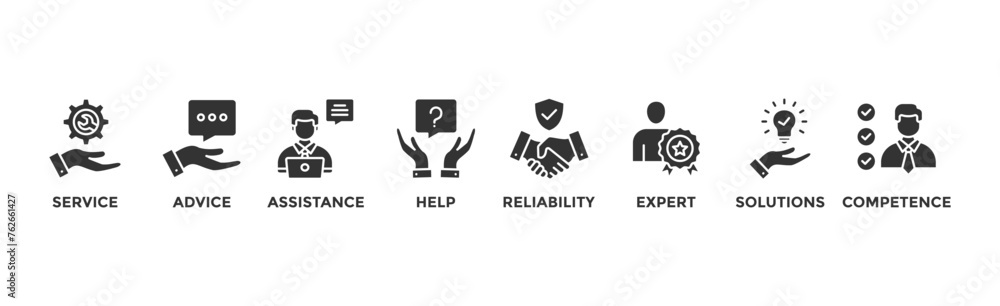 Support banner web icon vector illustration concept with icon of service, advice, assistance, help, reliability, expert, solutions and competence Support banner web icon vector illustration concept with icon of service, advice, assistance, help, reliability, expert, solutions and competence