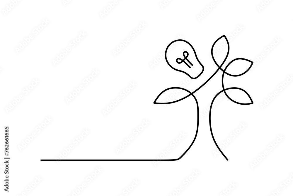 Fototapeta premium Continuous line drawing of tree with light bulb. Vector illustration