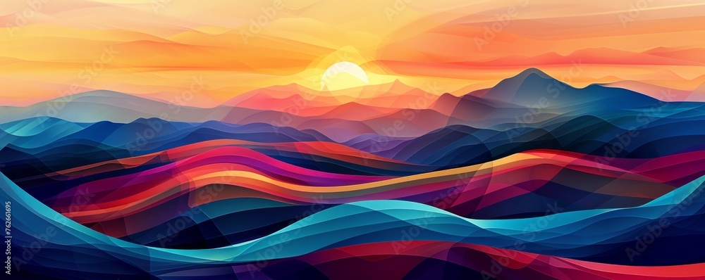 Vibrant abstract landscape with geometric wave mountains at sunset, a colorful digital illustration perfect for modern decor. - obrazy, fototapety, plakaty 