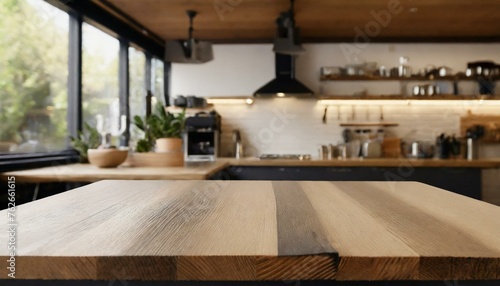 Empty wooden table inside professional restaurant kitchen , for product placement advertisement © Marko