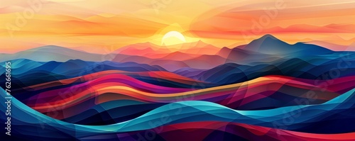 Vibrant abstract landscape with geometric wave mountains at sunset, a colorful digital illustration perfect for modern decor. photo