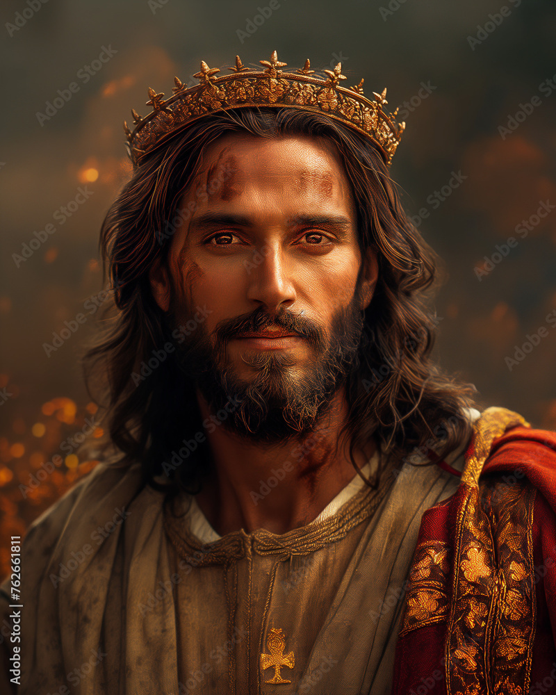 Illustration of portrait of Jesus with crown and king's clothes - generated by AI