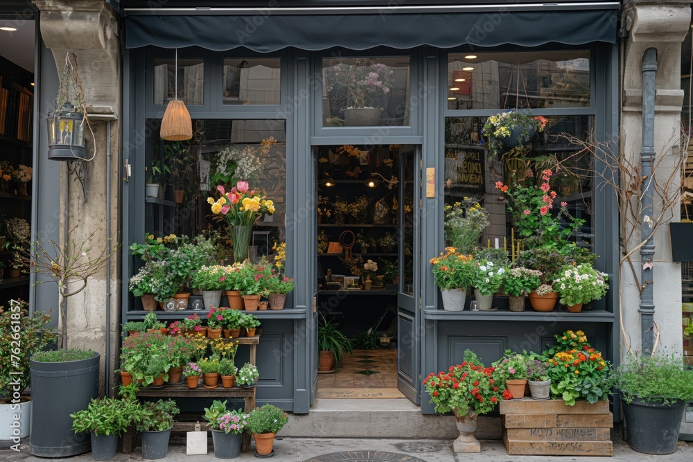 Stylish summer exterior concept of floral shop. City concept. Generative AI