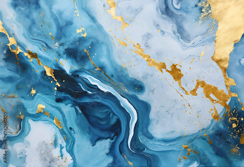 abstract blue and white background liquid acryle with gold elements photo