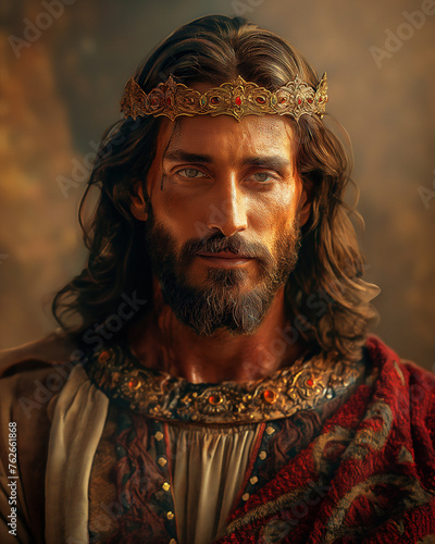 Illustration of portrait of Jesus with crown and king's clothes - generated by AI