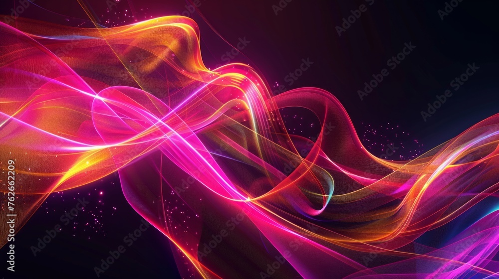 Magical neon swirl of yellow and pink striped waves on a black background, creating a captivating abstract.