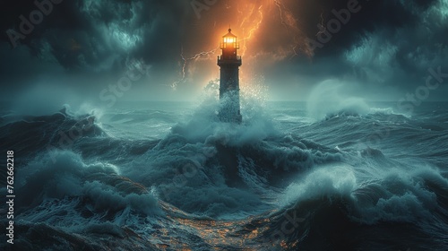 Lighthouse Standing Strong in Stormy Ocean
