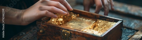 Closeup of hands gently opening an ancient box filled with pure gold, set against the backdrop of a creative studio room