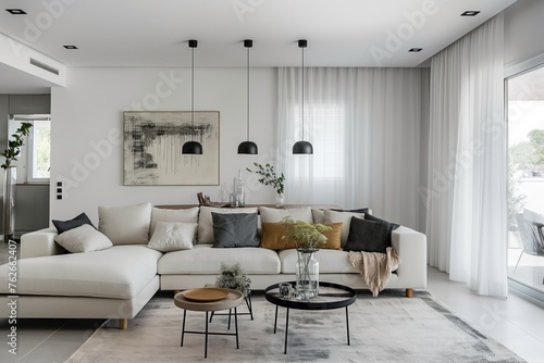 Interior design of modern apartment with bright sofa, table home plants and decoration. Interior mockup. Scandinavian interior design. Generative AI © AntonSh