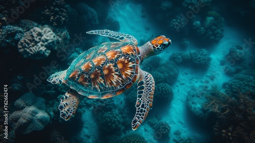  A photo of a turtle atop coral  surrounded by more