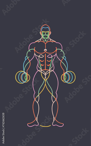 red white black modern style minimalist lines of a strong muscle pose strong body builder anatomy man at gym with bundle Doing exercises in all body positions using different gym equipment