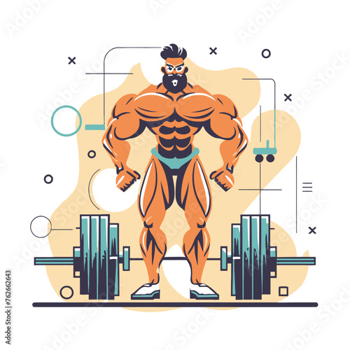 red white black modern style minimalist lines of a strong muscle pose strong body builder anatomy man at gym with bundle Doing exercises in all body positions using different gym equipment