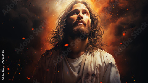 Illustration and poster of Jesus illuminated in the heavens - generated by AI