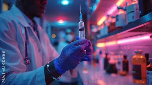 Scientist Holding Syringe in Lab Coat photo