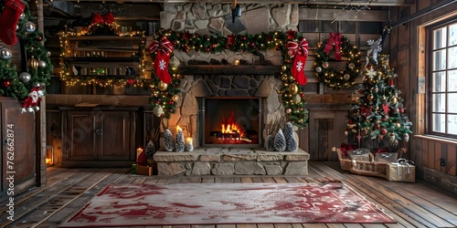 Classic holiday scene with fireplace ornaments and cozy nook in chalet. Concept Holiday Decor, Cozy Fireplace, Rustic Chalet, Festive Ornaments, Winter Nook © Ян Заболотний