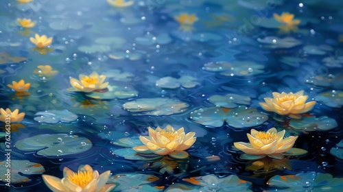  A cluster of water lilies adrift atop a body of water  with lily pads afloat above
