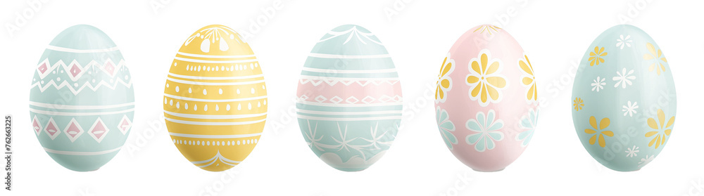 set of pastel-colored easter eggs with intricate ornaments on a transparent background set of pastel-colored easter eggs with intricate ornaments on a transparent background
