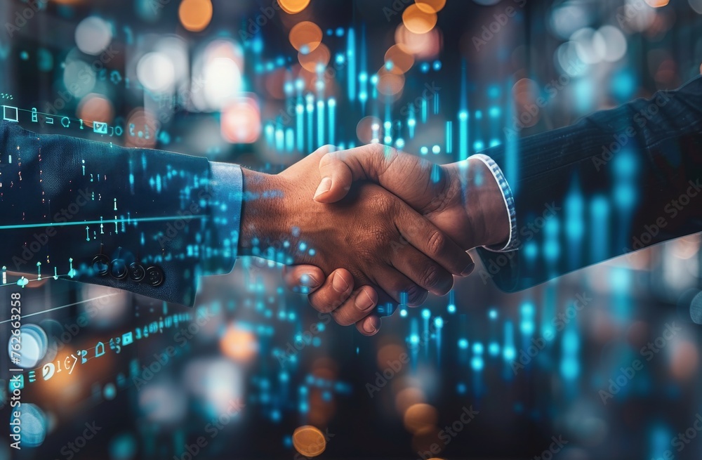 Two People Shaking Hands Over a Digital Background Two People Shaking Hands Over a Digital Background