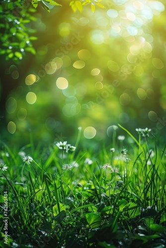 Beautiful minimalistic natural spring background. Below there is grass and flowers. Sun rays and bokeh from above