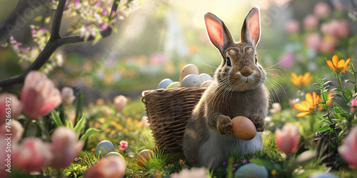 easter bunny with easter eggs in a sunlit spring garden among flowers