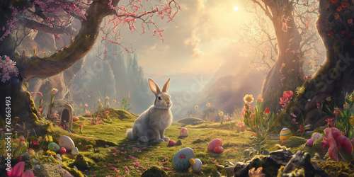 A fairytale scene with the Easter bunny sitting on the grass among easter eggs and blossoming trees on a sunny morning photo