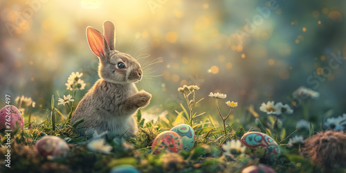 Easter bunny sitting on the grass in the garden among flowers and eggs on a sunlit morning © Loony Dream Designs
