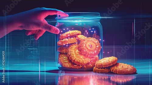 Hand reaching into a pixelated jar filled with digital cookies. The cookies display bits and bytes, emphasizing the technological aspect of data storage. The pixel art style.