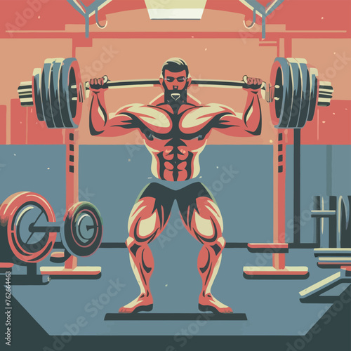red white black modern style minimalist lines of a strong muscle pose strong body builder anatomy man at gym with bundle Doing exercises in all body positions using different gym equipment
