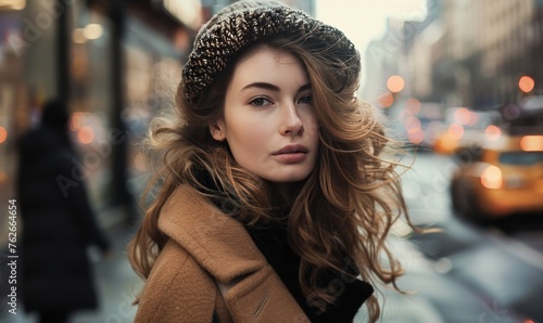 Portrait of a girl in a brown coat against the backdrop of the city