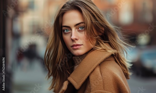 Portrait of a girl in a brown coat against the backdrop of the city