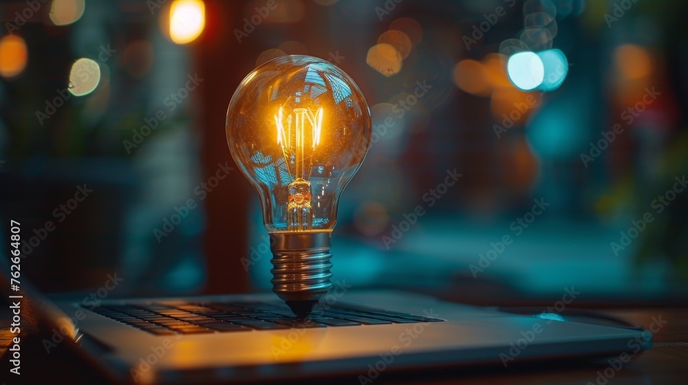 Light Bulb on Laptop - obrazy, fototapety, plakaty 