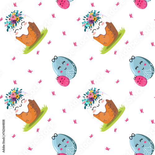 Easter kulich with a wreath of flowers. On light background for cards, banners, textiles. Vector illustration.