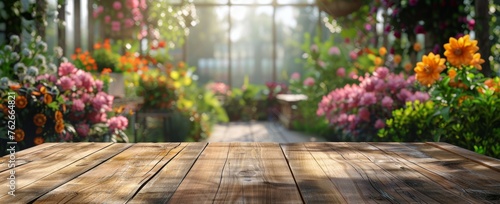 Wooden Table in Greenhouse Filled With Flowers photo