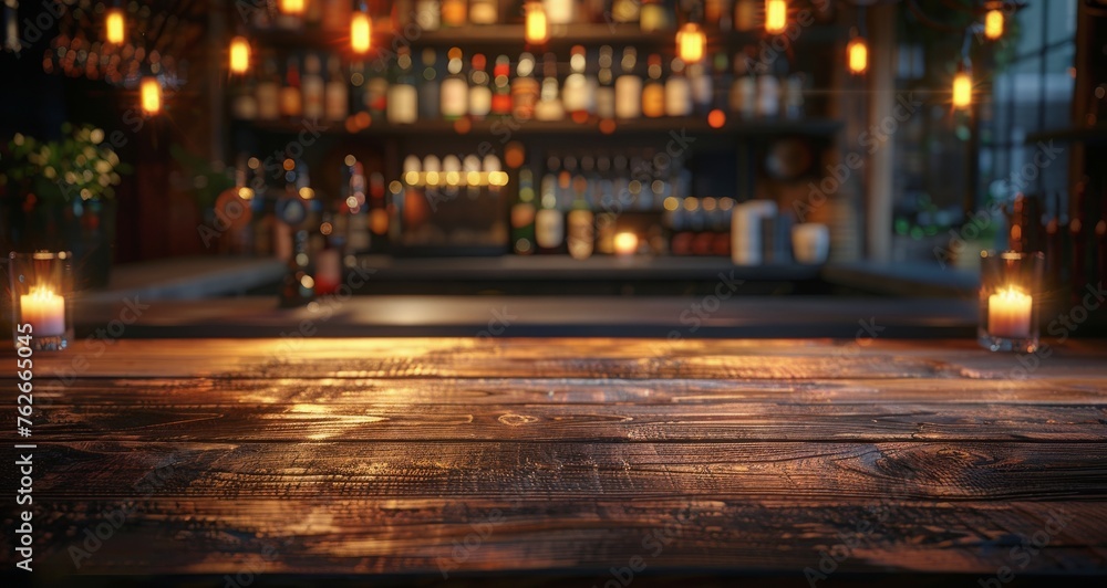 Wooden Table With Background Lights