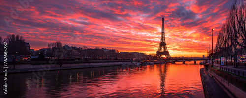 Fiery Sunset over the Seine with Eiffel Tower Silhouette