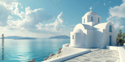 Whitewashed church on Greek island in summer by Medetteranian sea