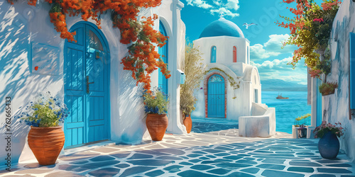 white and blue Santorini street, sea view, traditional Greek Cycladic architecture, blooming flowers