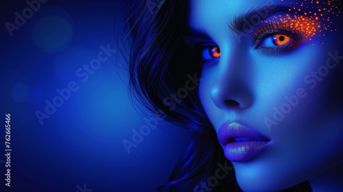  A woman s close-up face with bold blue and vibrant orange eye makeup and glitter