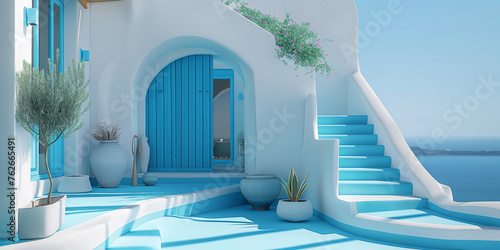 white and blue Santorini island traditional greek architecture