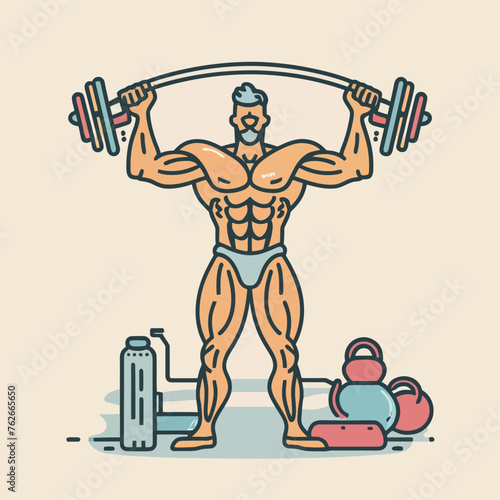 red white black modern style minimalist lines of a strong muscle pose strong body builder anatomy man at gym with bundle Doing exercises in all body positions using different gym equipment