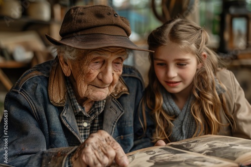 An elderly man and a child examine a book together photo