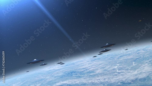 Alien saucer ufo's fleet flying above earth clouds

Alien invasion sci-fi concept,4K, 2024
