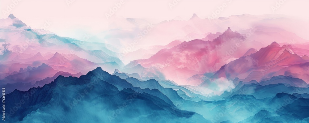 A mountain range with pink and blue colors - obrazy, fototapety, plakaty 