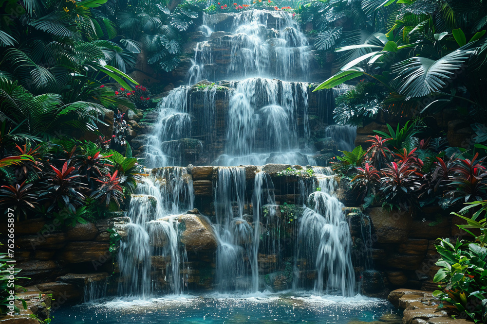 Cascading waterfall in lush tropical setting - obrazy, fototapety, plakaty 
