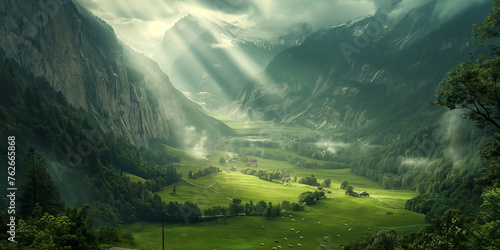 high mountains landscape with rays of sunlight