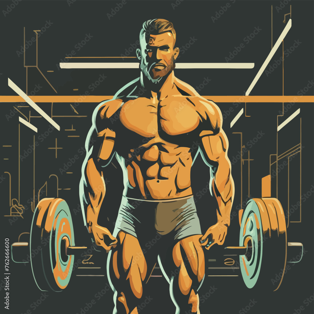 red white black modern style minimalist lines of a strong muscle pose strong body builder anatomy man at gym with bundle Doing exercises in all body positions using different gym equipment red white black modern style minimalist lines of a strong muscle pose strong body builder anatomy man at gym with bundle Doing exercises in all body positions using different gym equipment