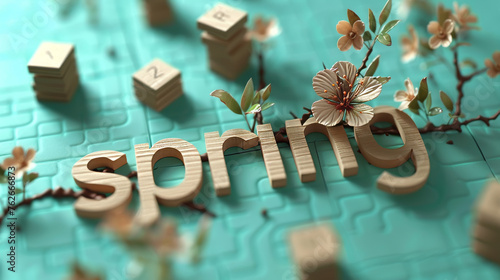 The image depicts a vibrant spring word on a colorful background.